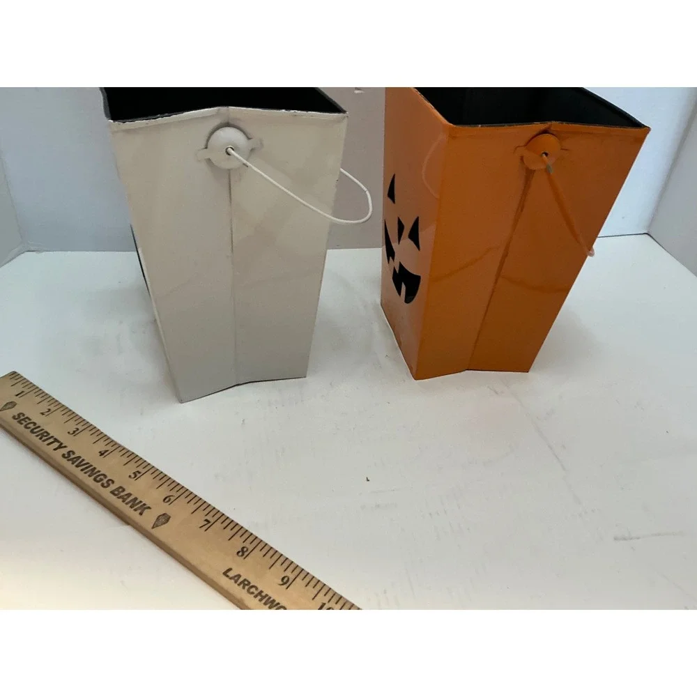 Halloween Metal Buckets Ghost Jack-O-Lantern Cutout Decor Set of 2 Orange White